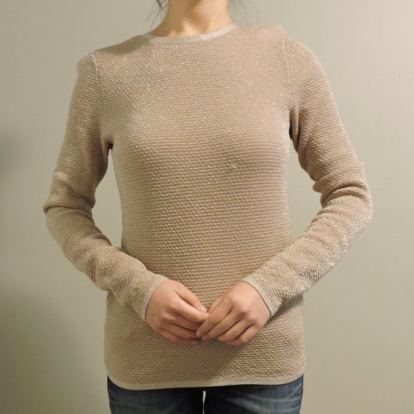 Club Monaco Beige Crewneck Merino Wool Sweater with Subtle Metallic Shimmer - Picture 4 of 8